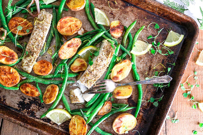Sheet Pan Baked Halibut with Potatoes and Green Beans