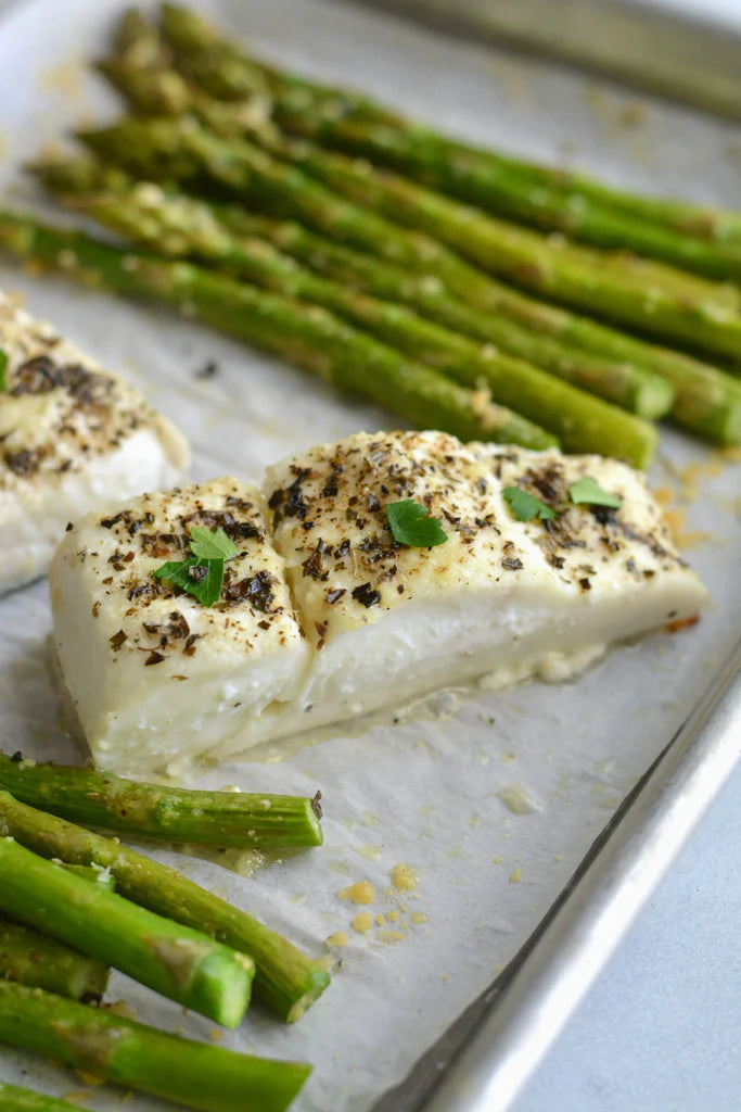 Baked Garlic Parmesan Halibut & Asparagus Sizzlefish