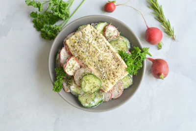 Steamed Trout with Coconut Cucumber Radish Salad
