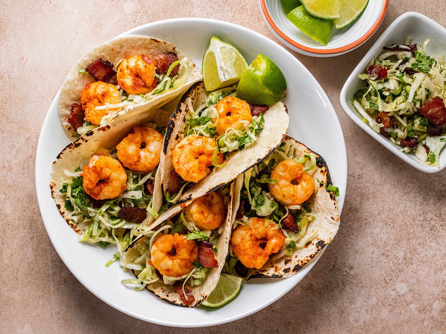 Shrimp Tacos with Cilantro Lime Bacon Slaw