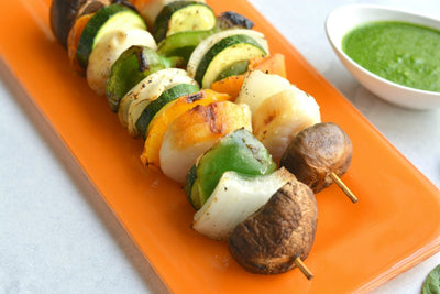 Grilled Sea Scallop Skewers with Spinach Macadamia Pesto
