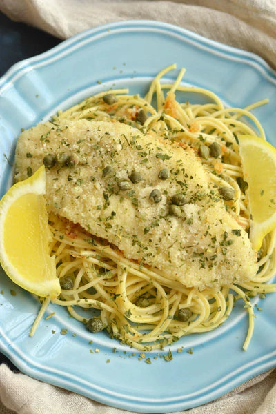 Almond Crusted Cod Piccata & Spaghetti