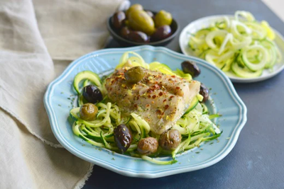Keto Mediterranean Baked Sablefish with Olives and Zucchini Noodles