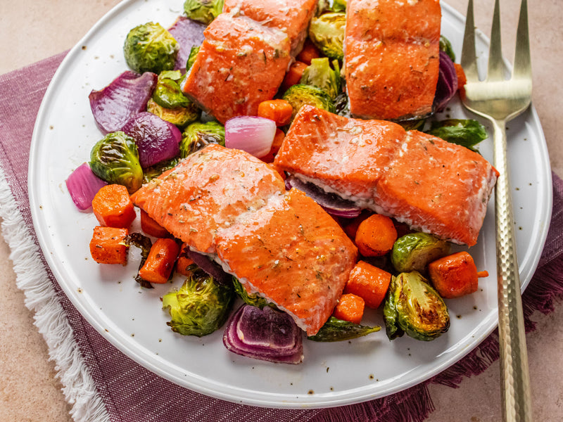 Maple Mustard Salmon Over Roasted Vegetables