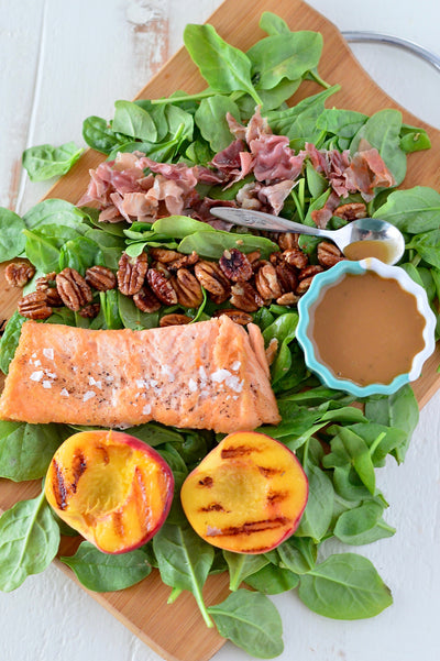 Honey Balsamic Salmon & Grilled Peach Salad with Prosciutto & Candied Pecans
