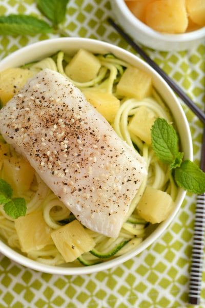 Mint Sesame Pineapple Halibut With Zucchini Noodles