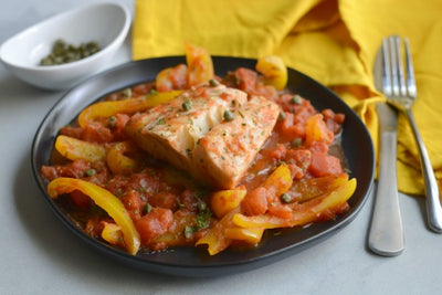 Whole30 Skillet Halibut with Peppers and Tomatoes