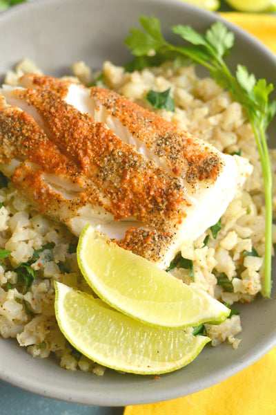 Steamed Halibut with Coconut Lime Cauliflower Rice