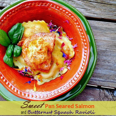 Sweet Pan Seared Browned Salmon and Butternut Squash Ravioli